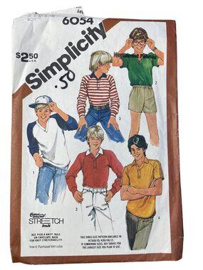 Vintage 80s Simplicity 6054 Sewing Pattern Size 8-10-12 Boys Pullover Tops CUT